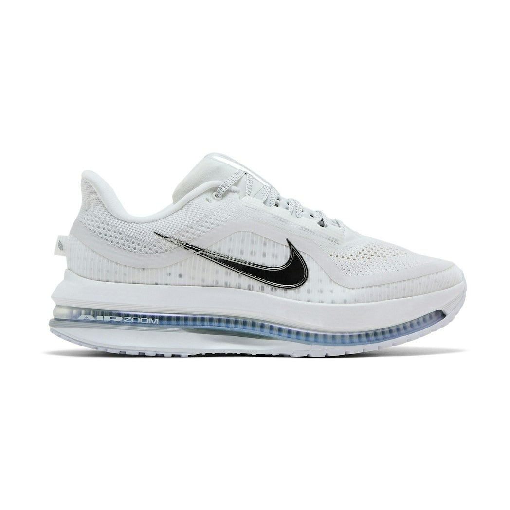 Side view on white background of Mens Nike Pegasus Premium running shoe in White/Metallic Silver, Medium (Regular) width