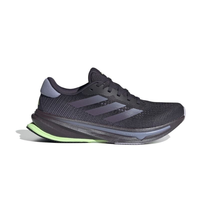 Side view on white background of Womens Adidas Supernova Rise running shoe in Aurora Black/Shadow Violet, Medium (Regular) width
