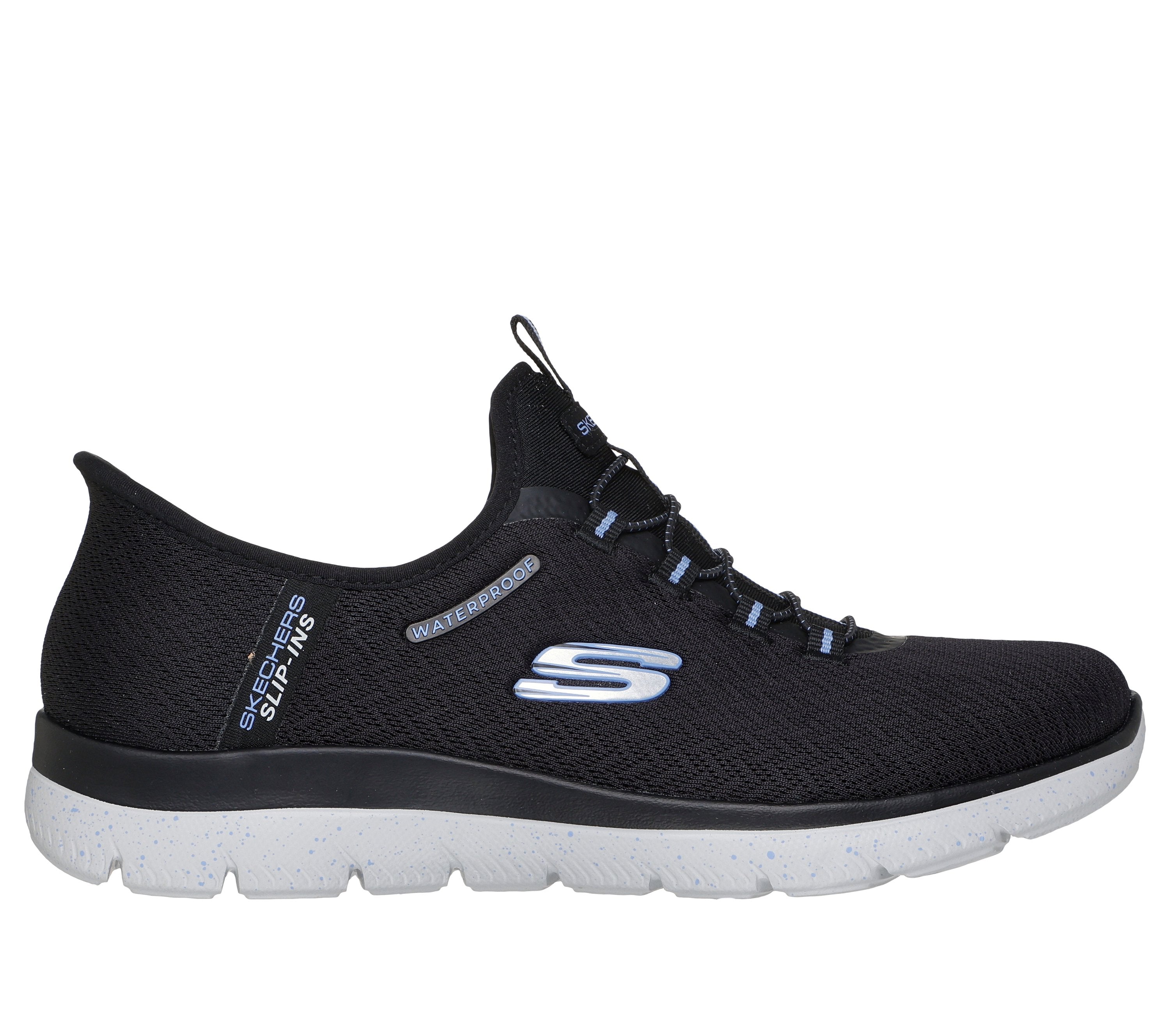 Side view on white background of Womens Skechers Waterproof Summits - Best Choice running shoe in Black/Light Blue, Medium (Regular) width