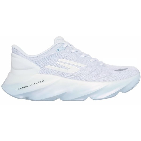 Side view on white background of Womens Skechers Aero Burst running shoe in White/Light Blue, Medium (Regular) width