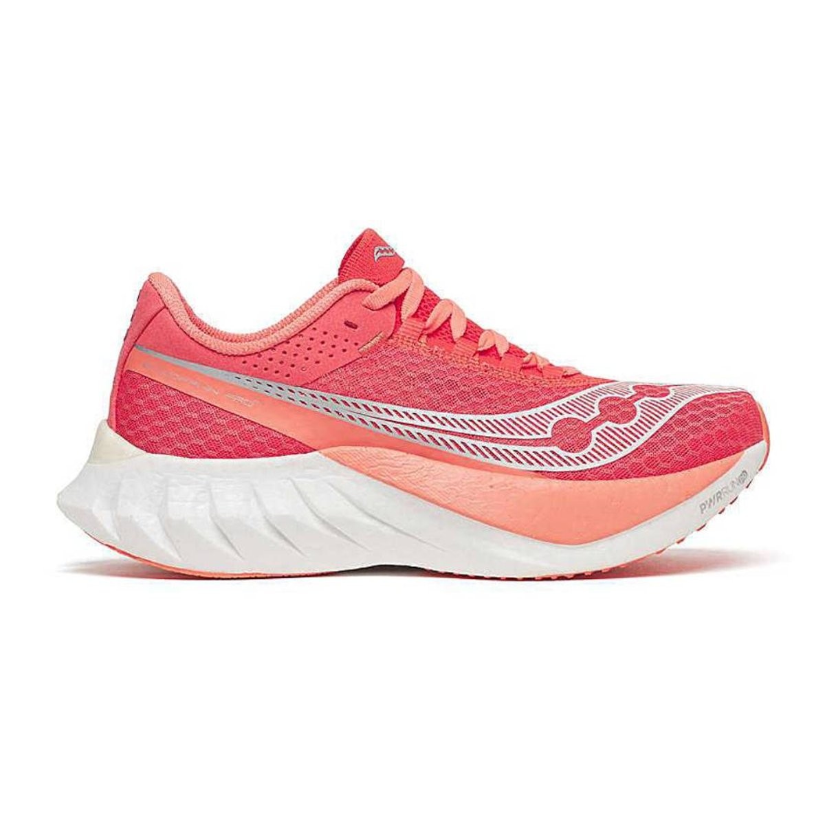 Side view on white background of Mens Saucony Endorphin Pro 4 running shoe in Coral, Narrow width
