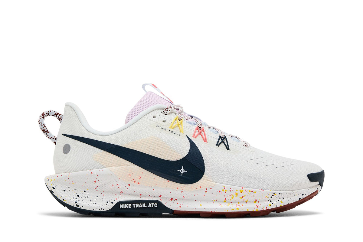 Side view on white background of Mens Nike Pegasus Trail 5 running shoe in Summit White/Armory Navy/Grey, Medium (Regular) width