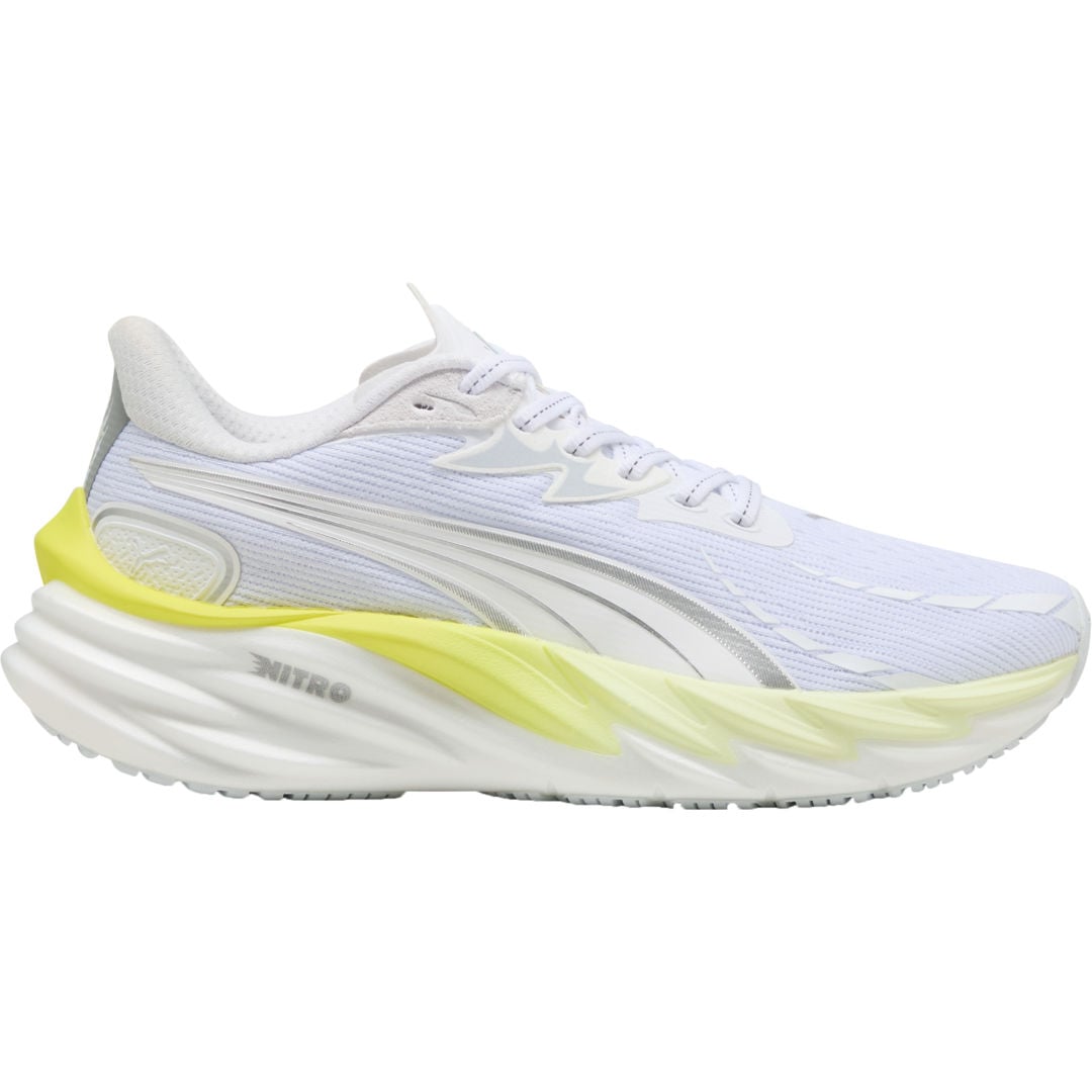 Side view on white background of Womens Puma Velocity Nitro 4 running shoe in Puma White/Puma Black, Medium (Regular) width