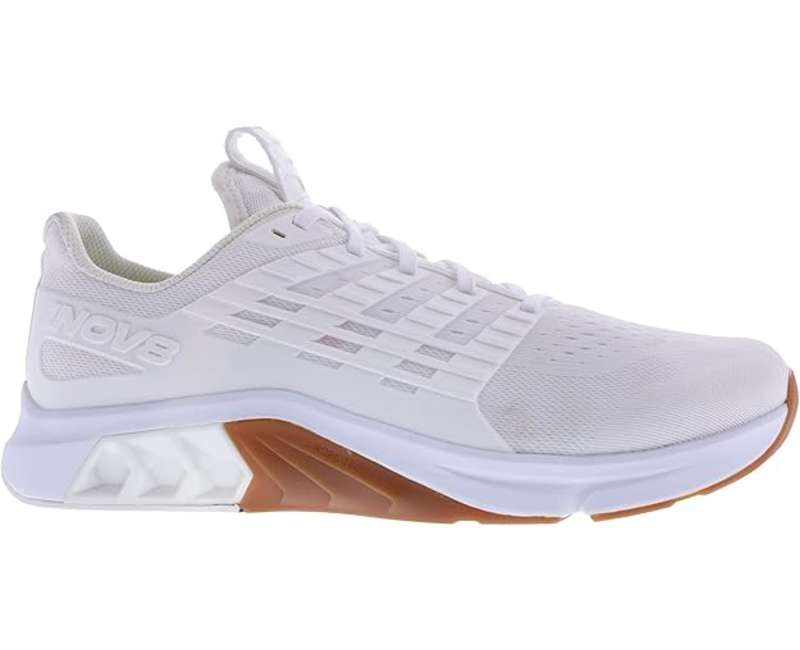 Side view on white background of Mens Inov8 F-Fly Max running shoe in White, Medium (Regular) width