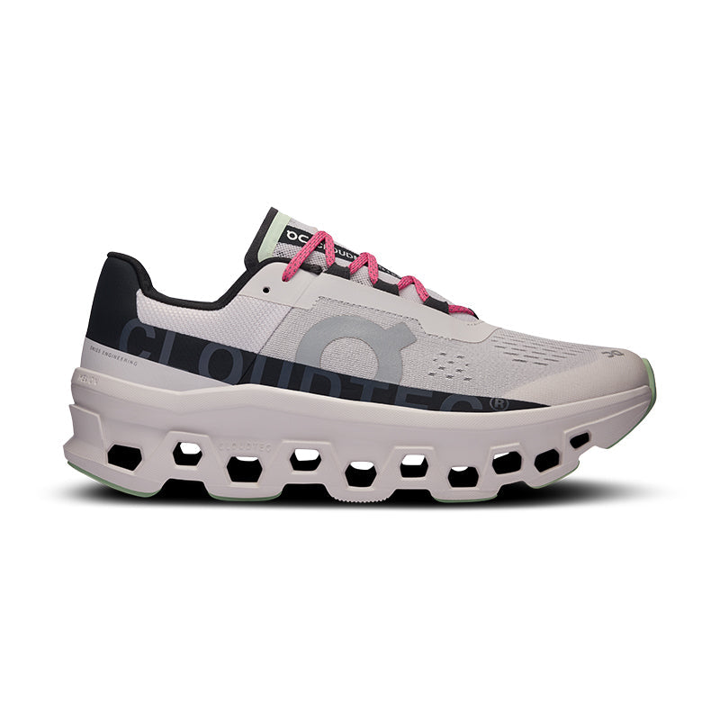 Side view on white background of Mens On Cloudmonster running shoe in Frost/Black, Medium (Regular) width