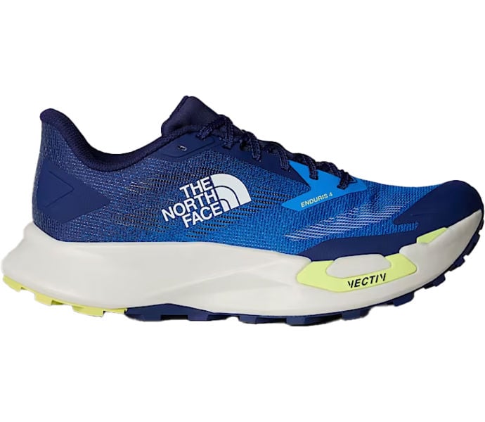 Side view on white background of Mens The North Face Vectiv Enduris 4 running shoe in Hero Blue/Sun Fog, Medium (Regular) width