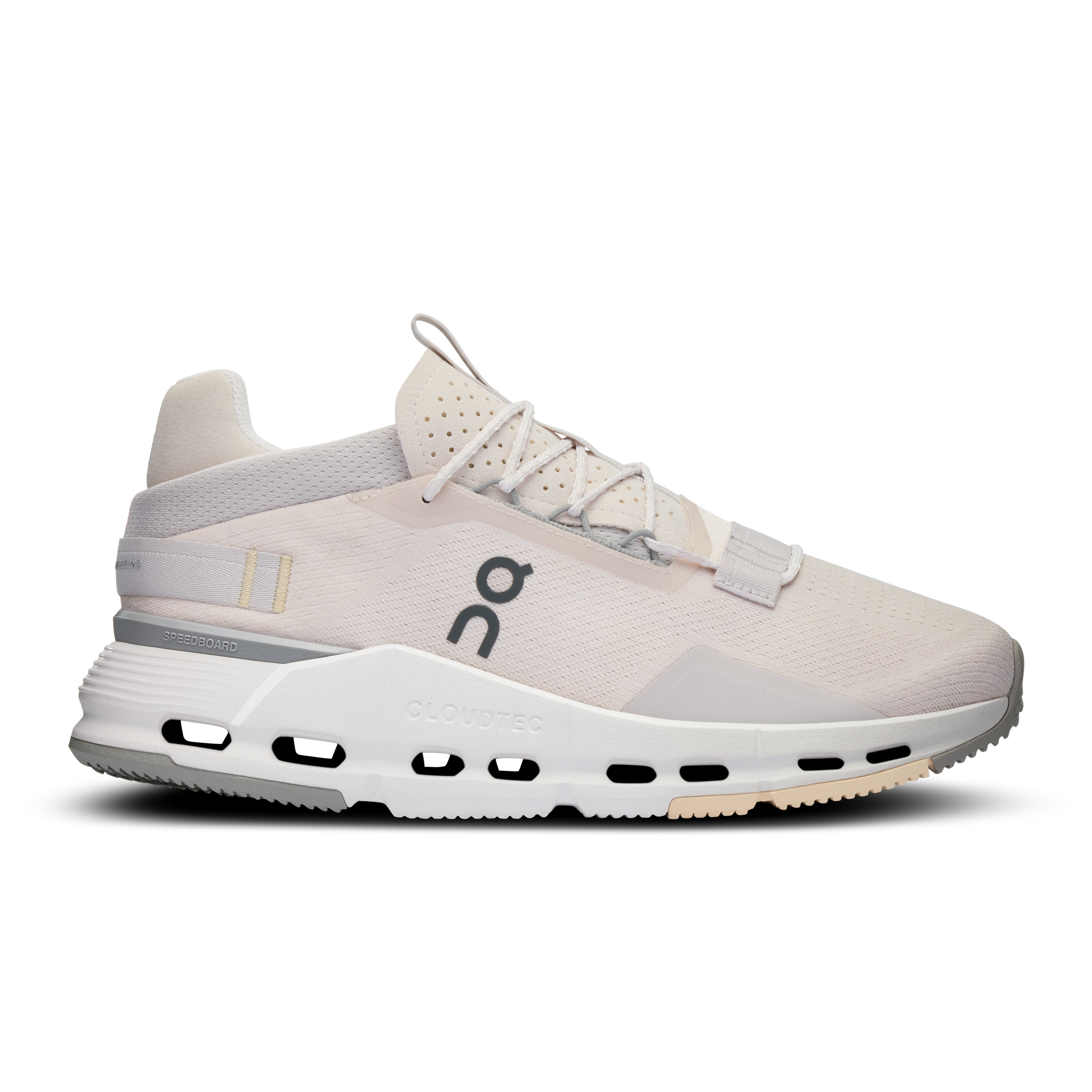 Side view on white background of Womens On Cloudnova 2 running shoe in Sand/Fog, Medium (Regular) width