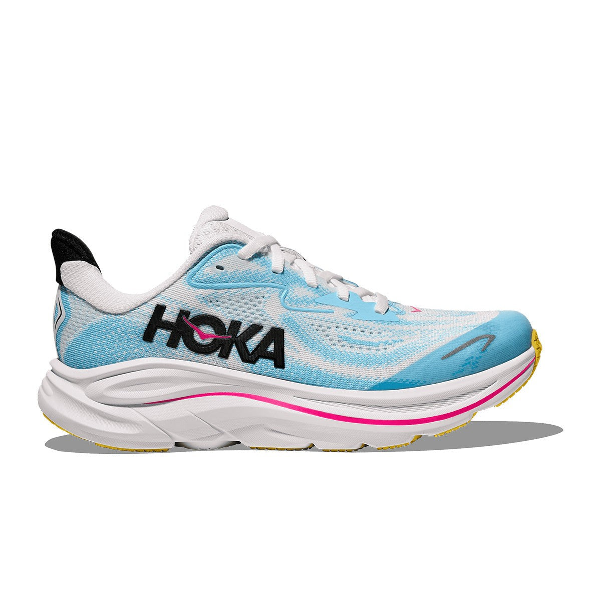 Side view on white background of Youth Hoka Clifton 10 running shoe in Frost/Soaring Blue, Medium (Regular) width