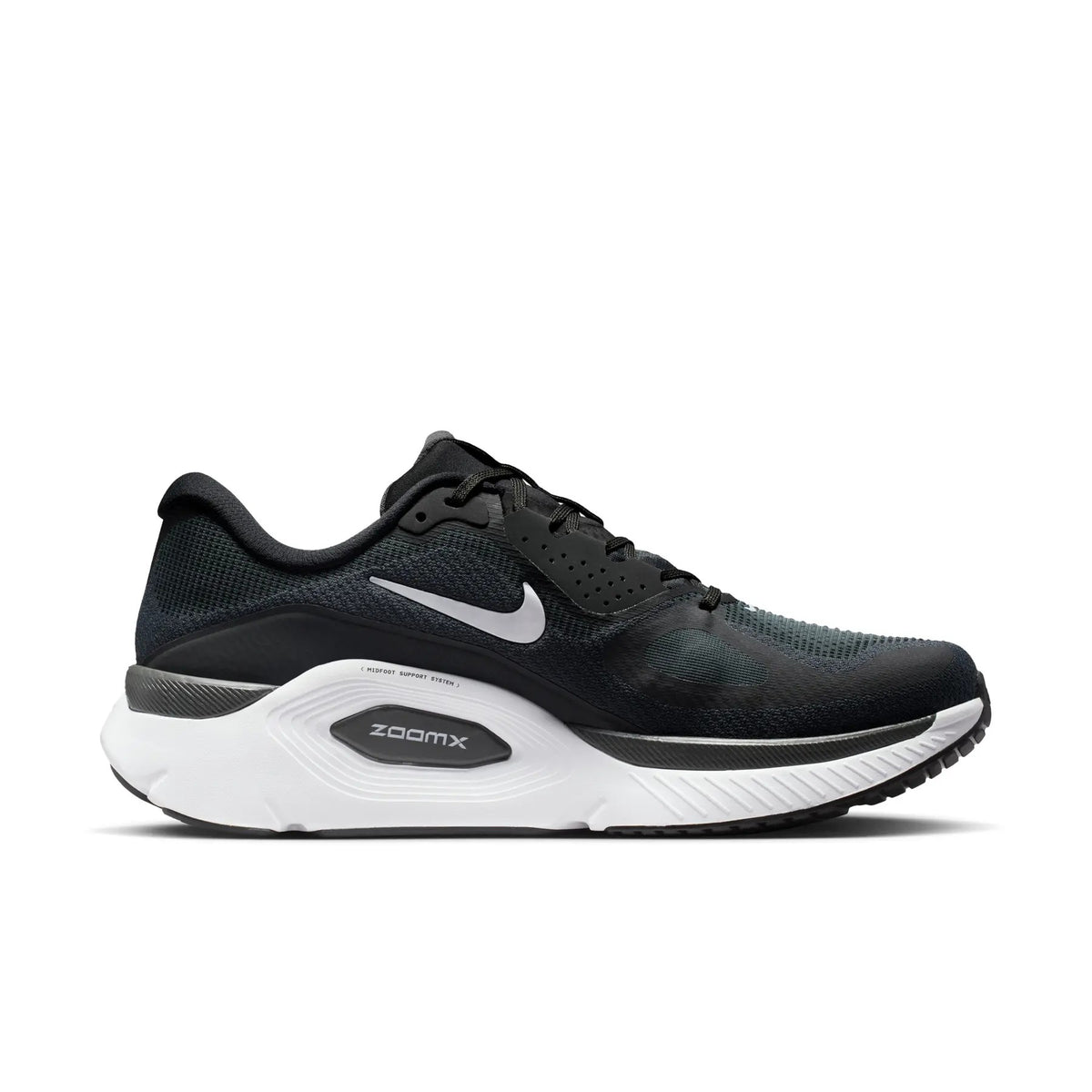 Side view on white background of Mens Nike Structure Plus running shoe in Black/White/Anthracite, Medium (Regular) width
