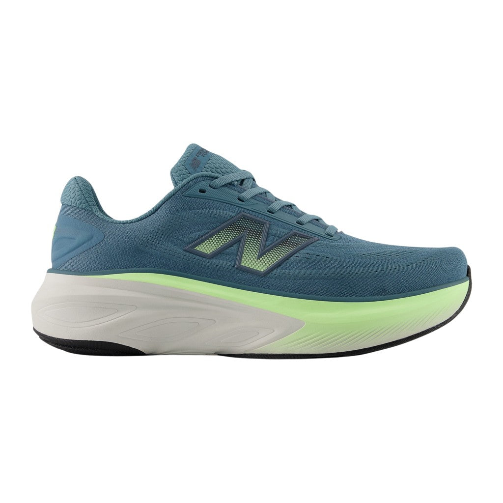 Side view on white background of Mens New Balance Fresh Foam X More v6 running shoe in Salt Water/Afterglow, Wide width