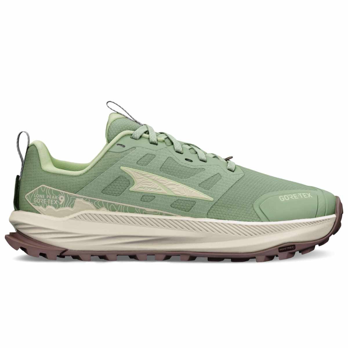 Side view on white background of Womens Altra Lone Peak 9 GTX running shoe in Dusty Olive, Medium (Regular) width