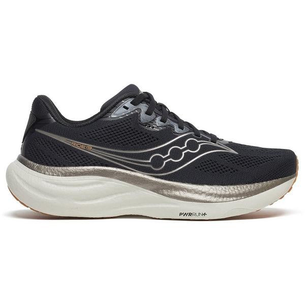 Side view on white background of Mens Saucony Ride 19 running shoe in Black/Pewter, Wide width
