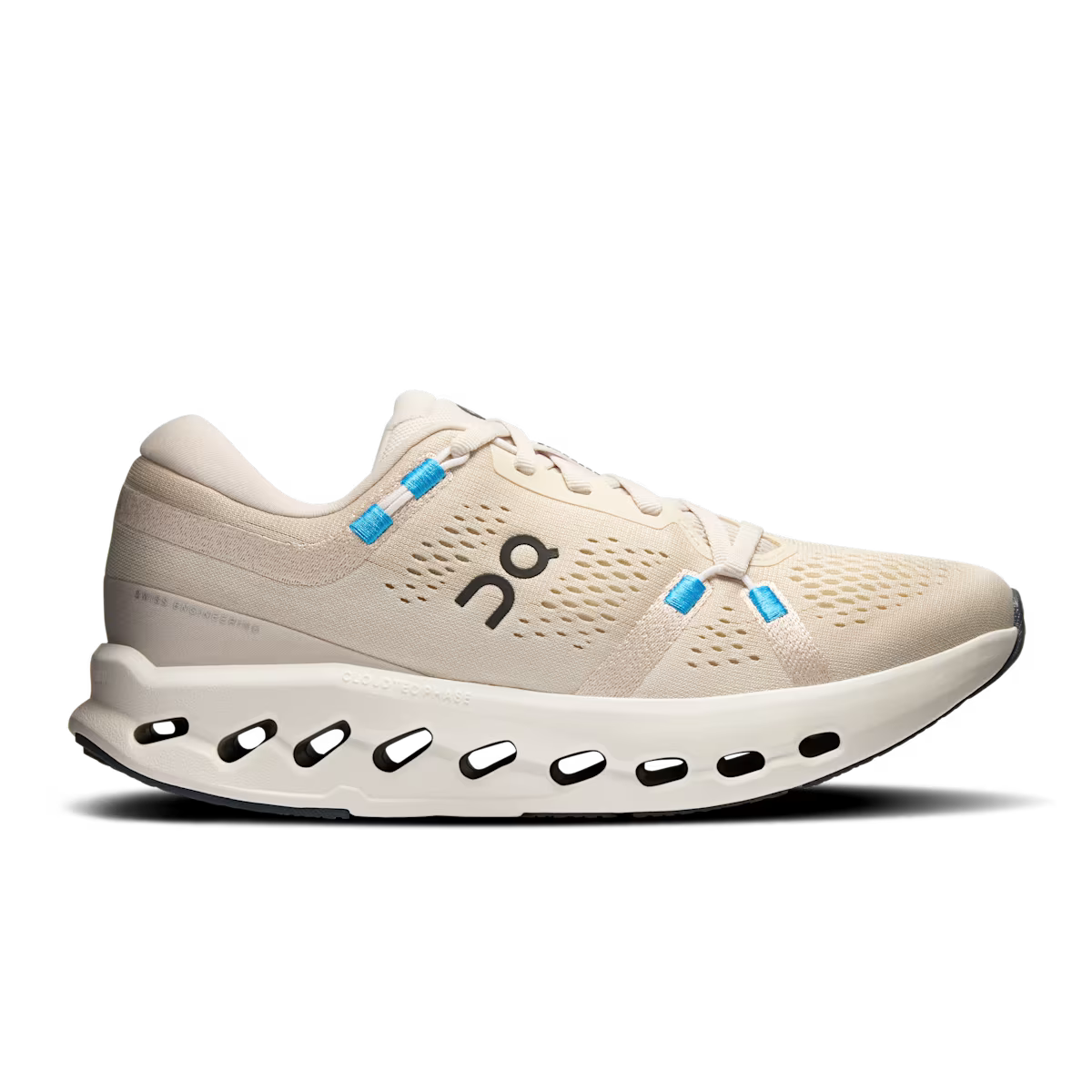 Side view on white background of Womens On Cloudsurfer 2 running shoe in Pearl/Ivory, Medium (Regular) width