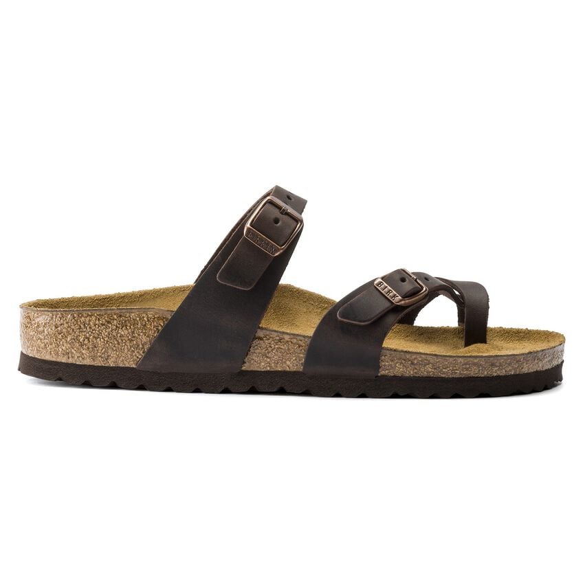 Side view on white background of Womens Birkenstock Mayari running shoe in Habana, Medium (Regular) width
