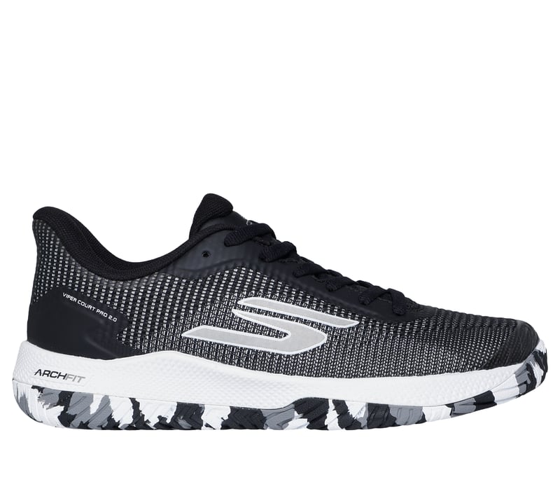 Side view on white background of Womens Skechers Viper Court Pro 2.0 running shoe in Black/White, Medium (Regular) width