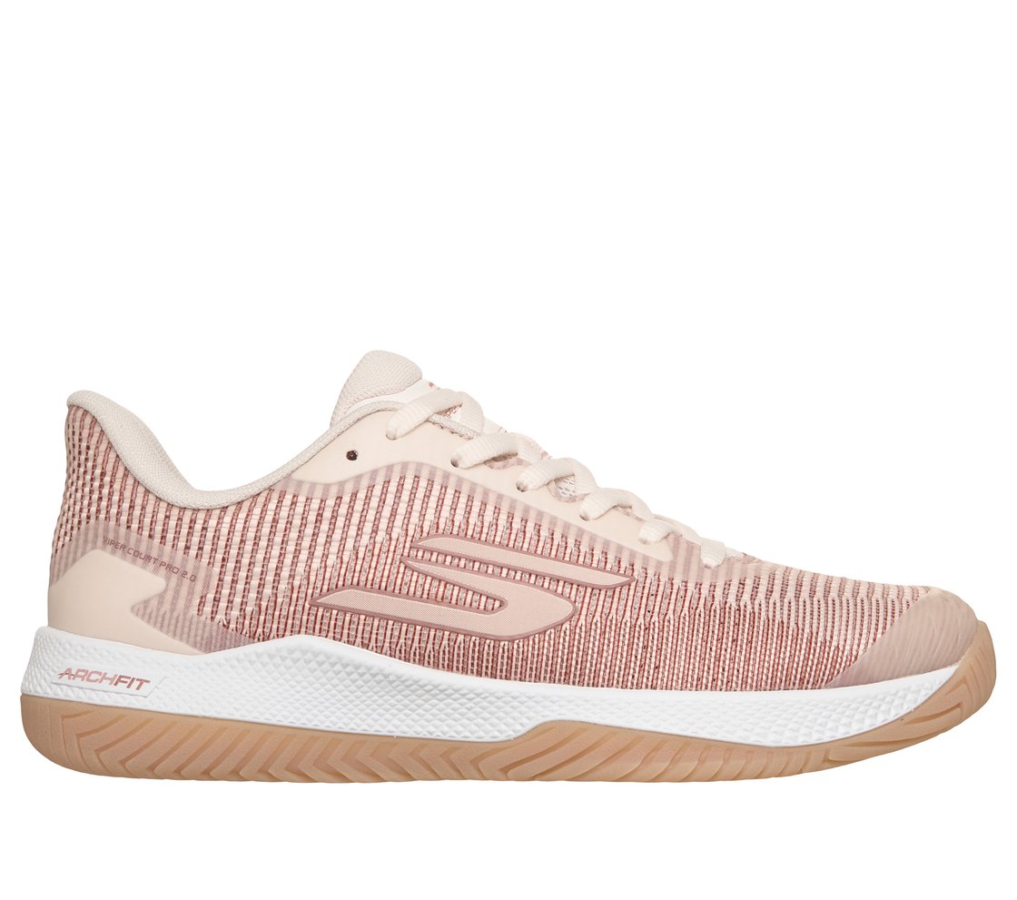 Side view on white background of Womens Skechers Viper Court Pro 2.0 running shoe in Light Pink, Wide width