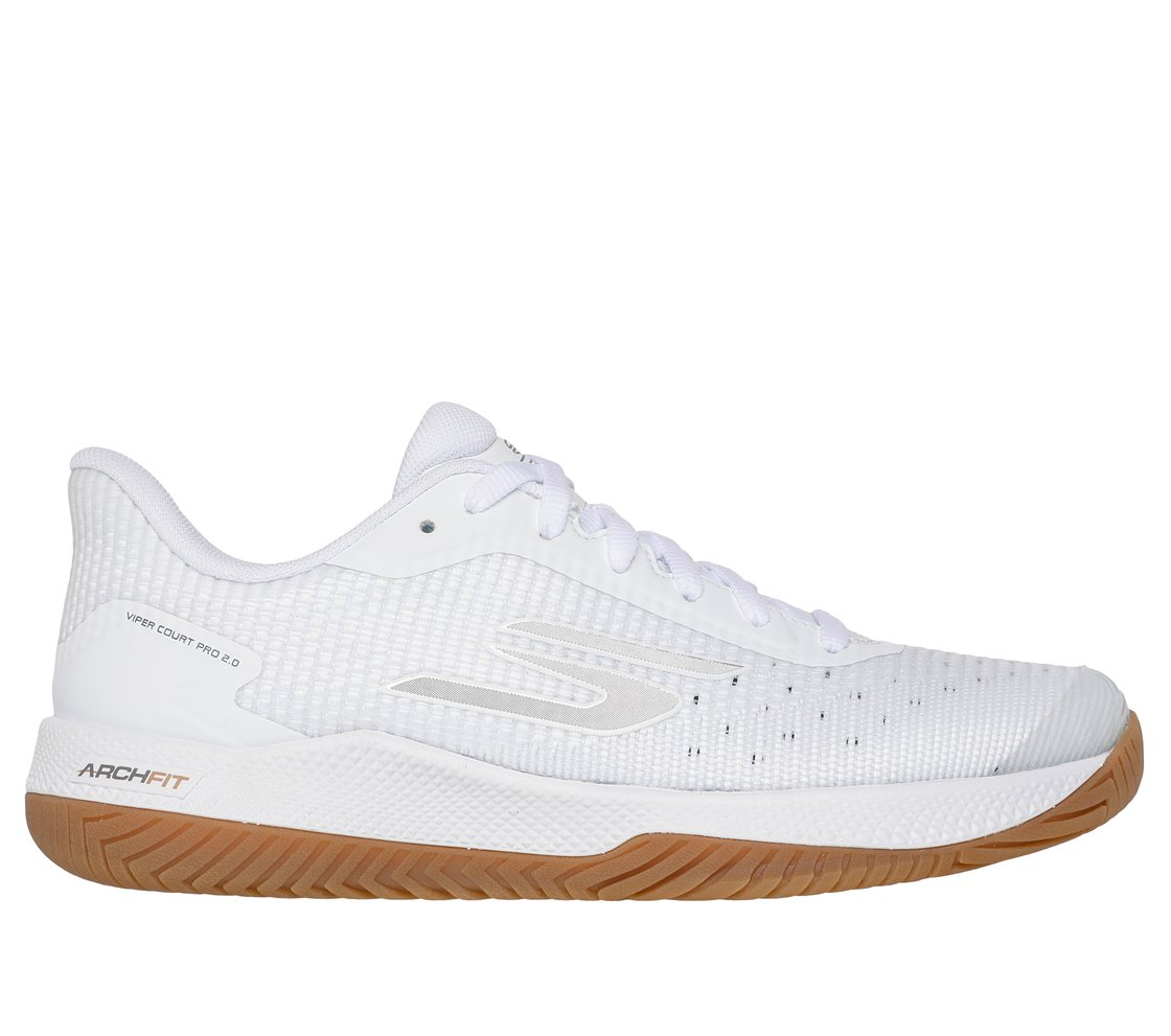 Side view on white background of Womens Skechers Viper Court Pro 2.0 running shoe in White, Medium (Regular) width