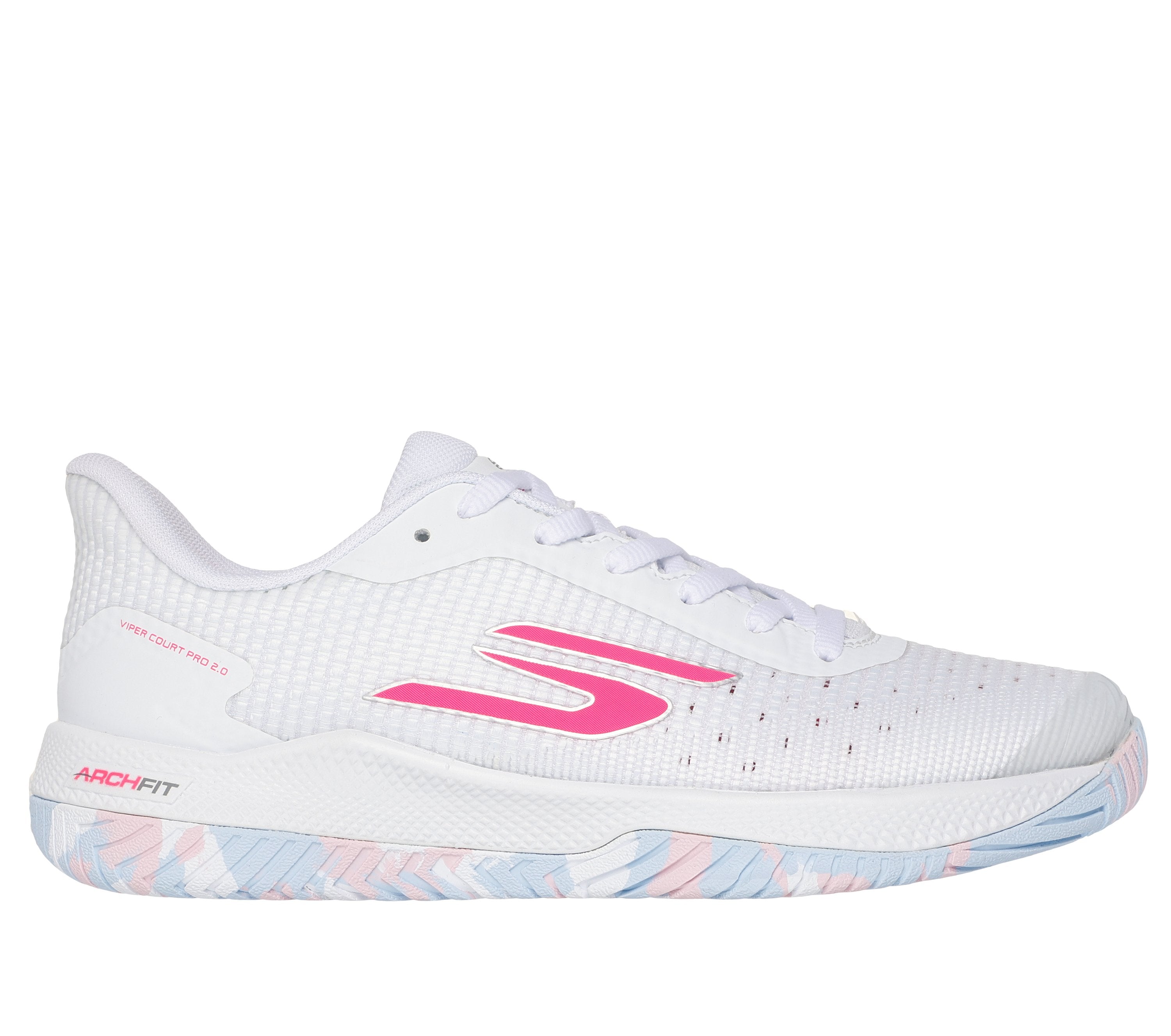 Side view on white background of Womens Skechers Viper Court Pro 2.0 running shoe in White/Multi, Medium (Regular) width