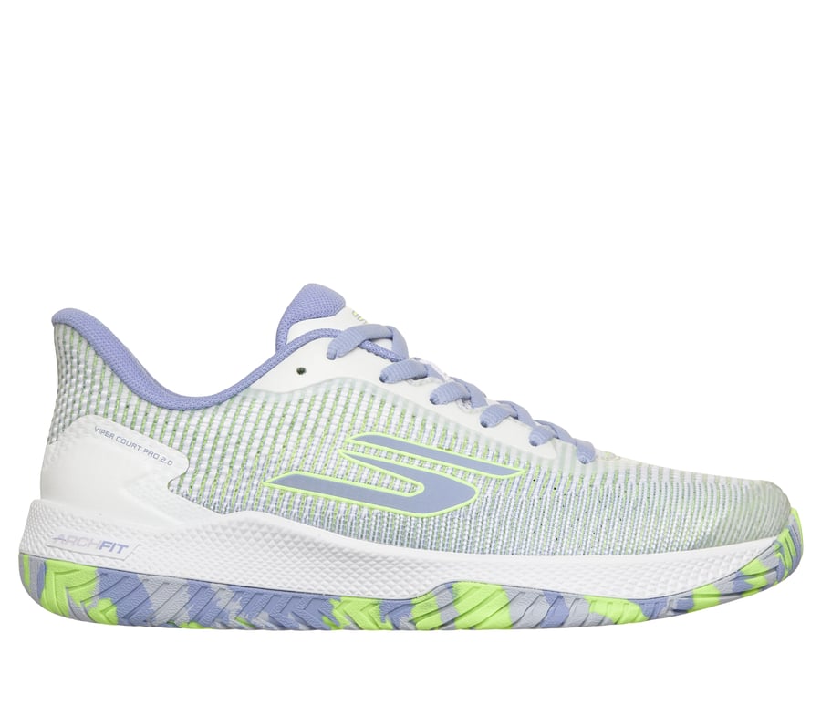 Side view on white background of Womens Skechers Viper Court Pro 2.0 running shoe in White/Periwinkle, Wide width