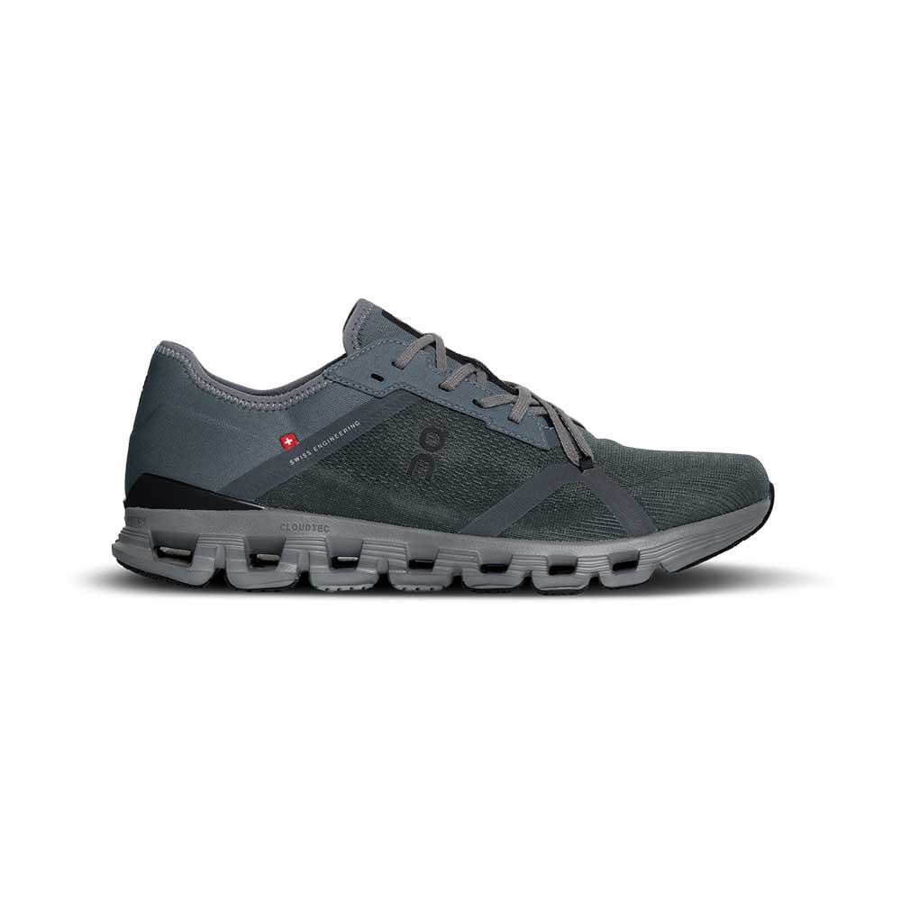 Side view on white background of Mens On Cloud X 4 AD running shoe in Stone/Black, Medium (Regular) width