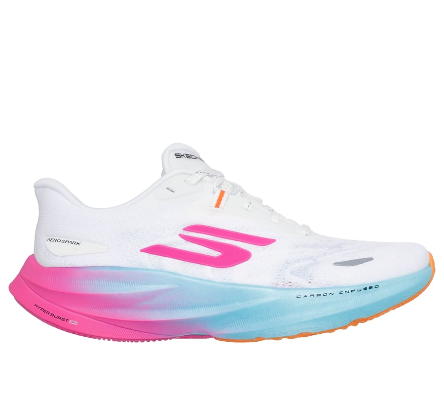 Side view on white background of Womens Skechers Aero Spark running shoe in White/Multi, Medium (Regular) width