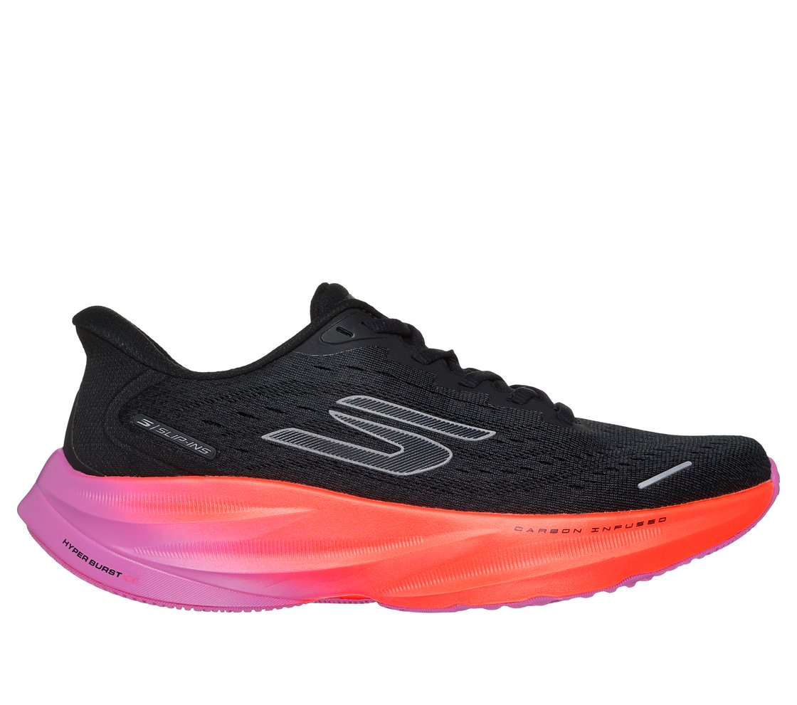 Side view on white background of Womens Skechers Aero Spark running shoe in Black/Purple/Pink, Medium (Regular) width