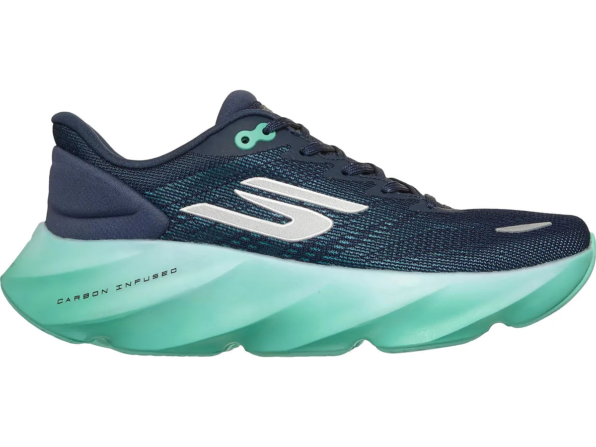 Side view on white background of Womens Skechers Aero Burst running shoe in Navy/Aqua, Medium (Regular) width