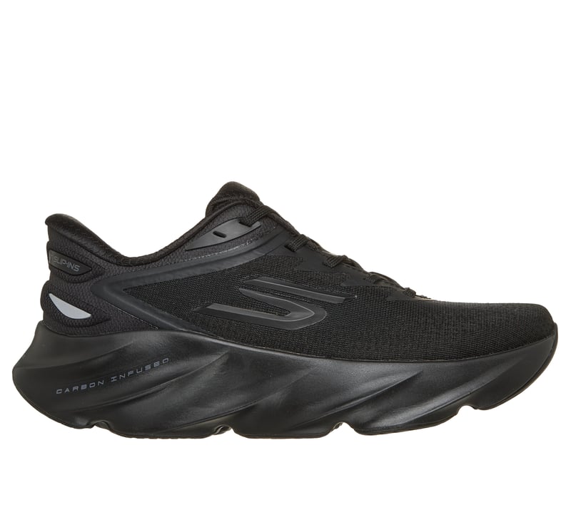 Side view on white background of Womens Skechers Slip-Ins: Aero Burst running shoe in Black/Black, Medium (Regular) width