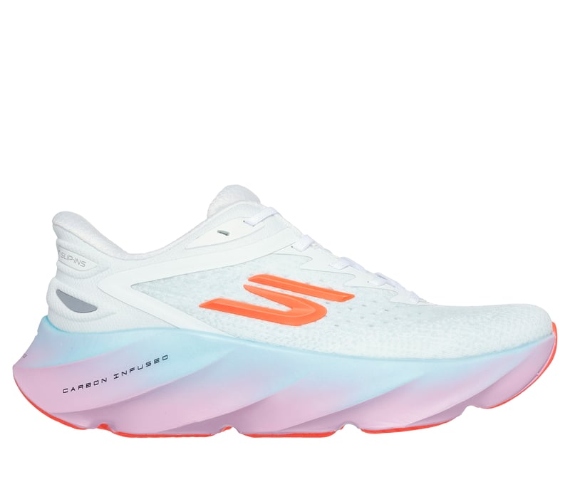 Side view on white background of Womens Skechers SKX Aero Burst-SL running shoe in White/Multi, Medium (Regular) width