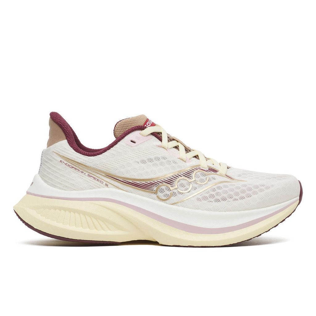 Side view on white background of Womens Saucony Endorphin Speed 5 running shoe in Ivory/Maroon, Medium (Regular) width