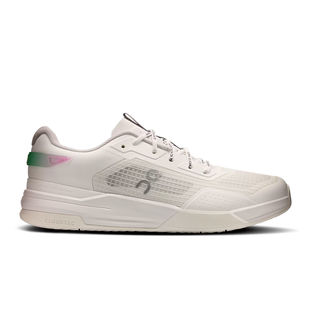 Side view on white background of Mens On The Roger Advantage Z5 running shoe in White/Ivory, Medium (Regular) width