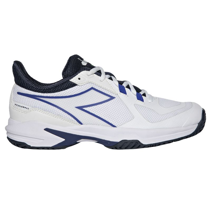 Side view on white background of Mens Diadora Trofeo 2 All Ground running shoe in White/Surf the Web/Blue Corsair, Medium (Regular) width