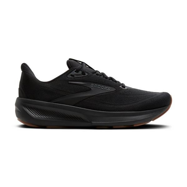 Side view on white background of Womens Brooks Revel 9 running shoe in Black/Ebony/Biscuit, Medium (Regular) width