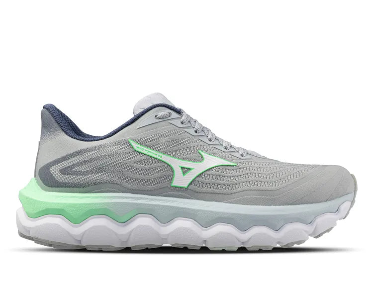 Side view on white background of Womens Mizuno Wave Horizon 8 running shoe in Pearl Blue/White, Medium (Regular) width