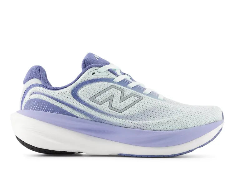 Side view on white background of Womens New Balance Fresh Foam X 1080v15 running shoe in Glint Blue/Silver Metallic/Fairweather Blue, Wide width