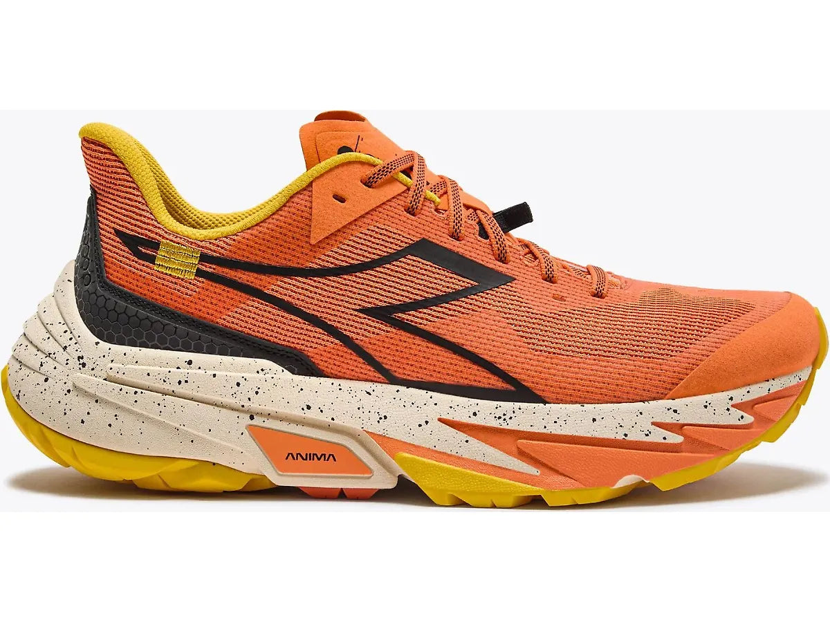 Side view on white background of Womens Diadora Sestriere-Xt 2 running shoe in Nectarine/Black, Medium (Regular) width