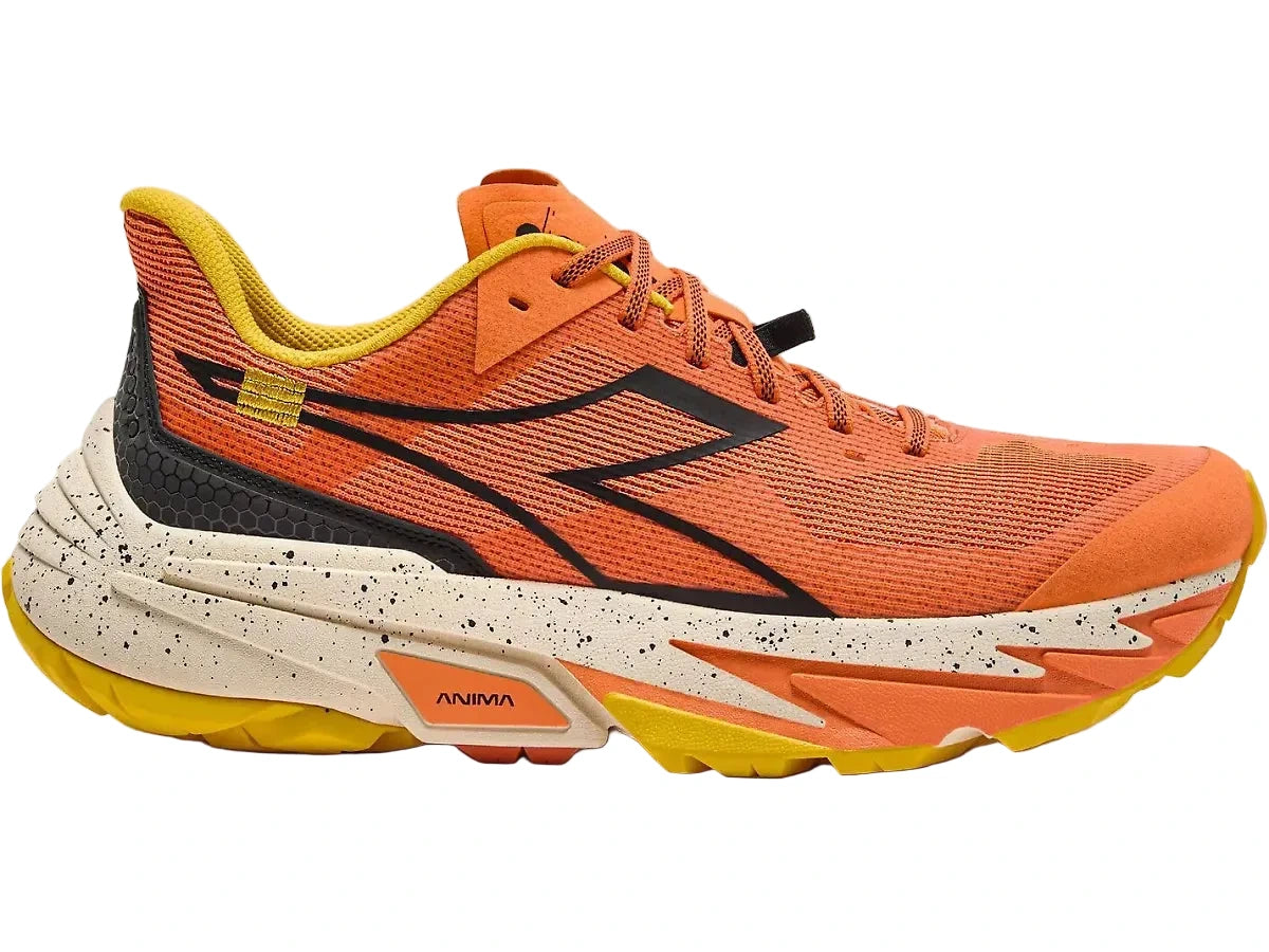 Side view on white background of Womens Diadora Sestriere-Xt 2 running shoe in Nectarine/Black, Medium (Regular) width