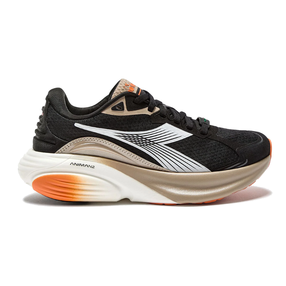 Side view on white background of Mens Diadora Atomo Star running shoe in Black/White/Humus, Medium (Regular) width