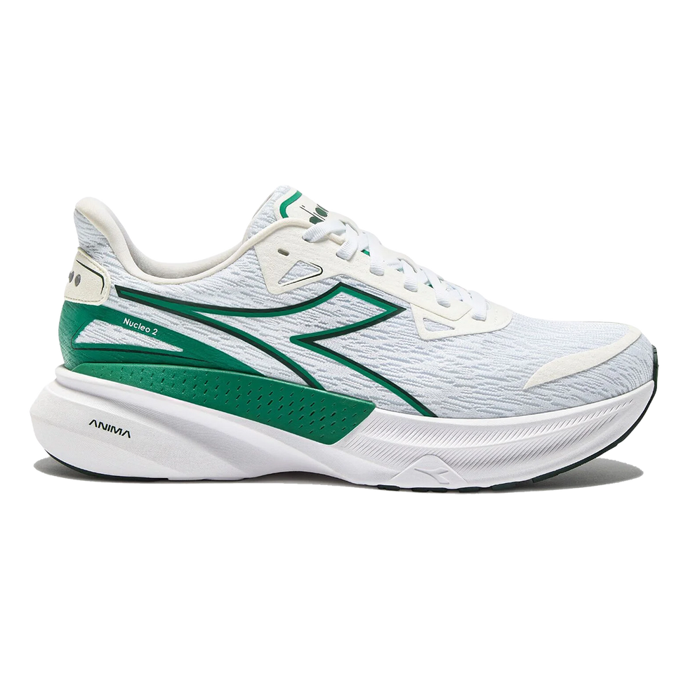 Side view on white background of Mens Diadora Nucleo 2 running shoe in White/Bosphorus, Medium (Regular) width