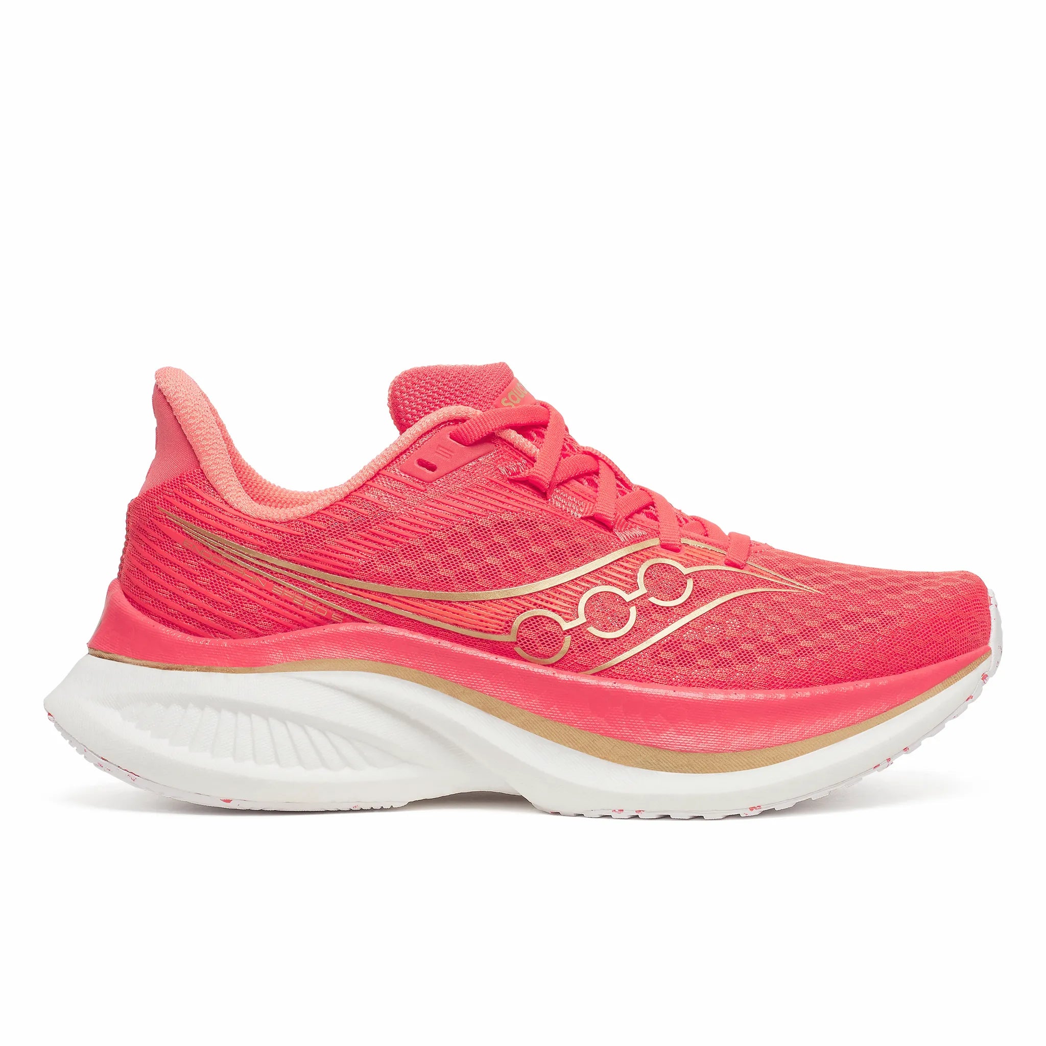 Side view on white background of Womens Saucony Endorphin Speed 5 running shoe in Coral/Salmon, Medium (Regular) width