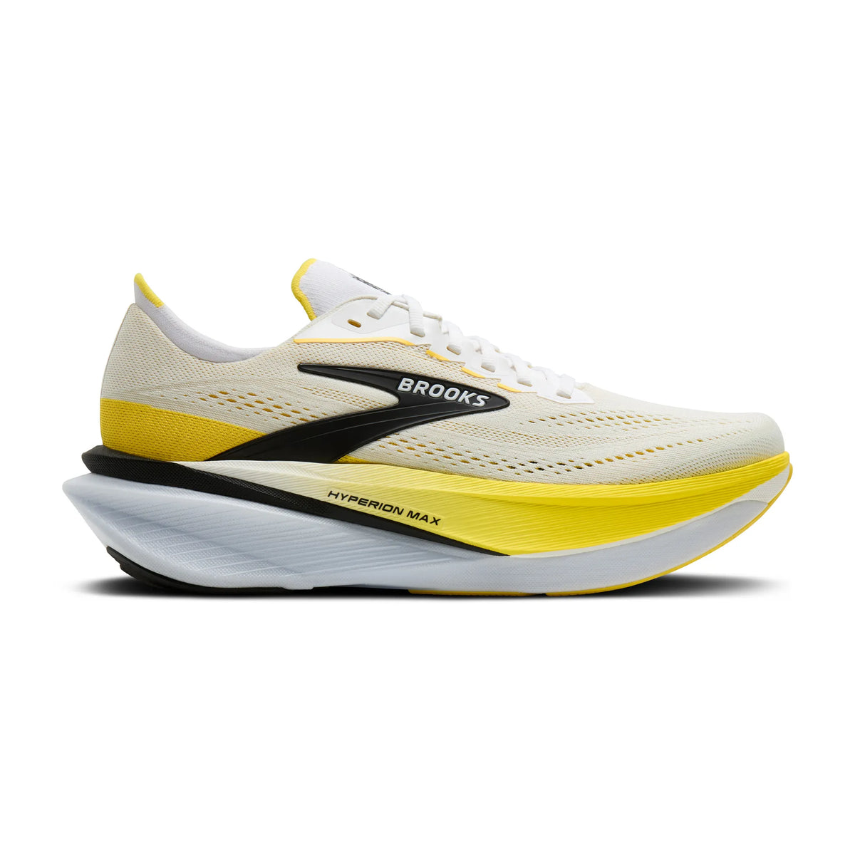 Side view on white background of Mens Brooks Hyperion Max 4 running shoe in White/Cyber Yellow/Black, Medium (Regular) width