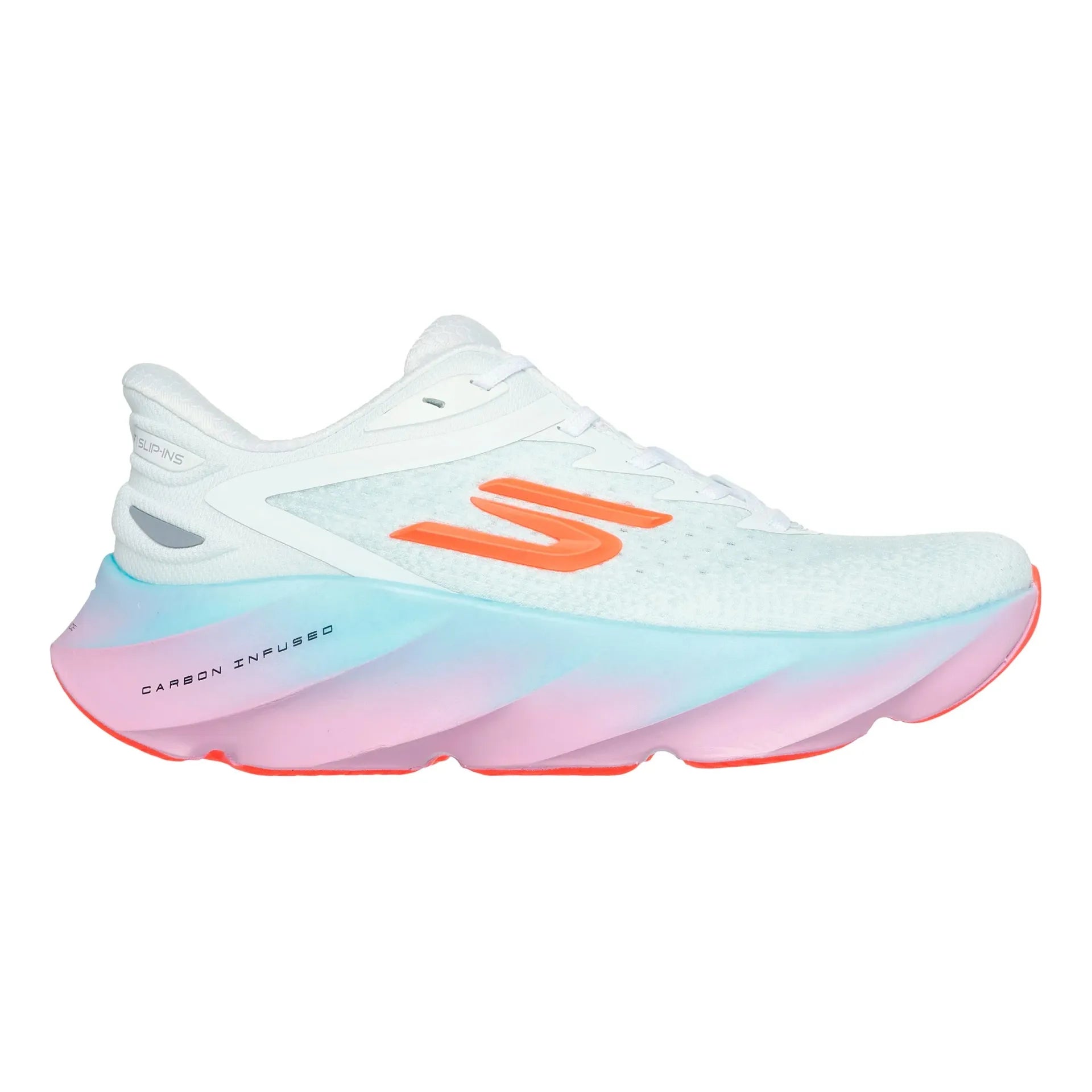 Side view on white background of Womens Skechers Aero Burst running shoe in White/Multi, Medium (Regular) width
