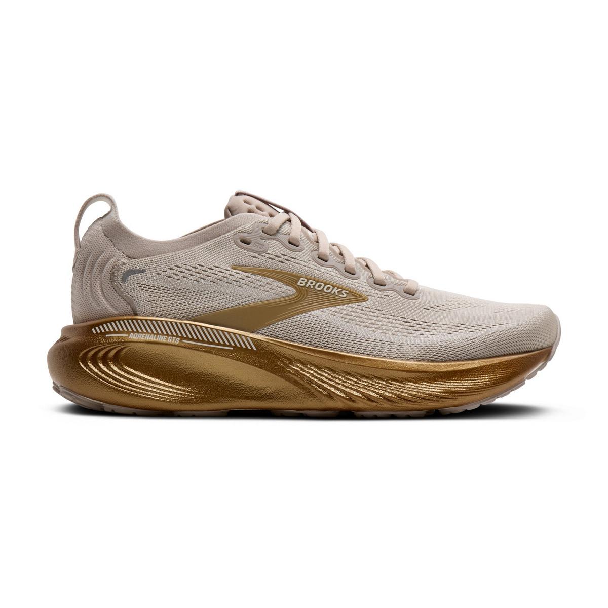 Side view on white background of Womens Brooks Adrenaline GTS 25 running shoe in Grey/Coconut/Gold, Medium (Regular) width