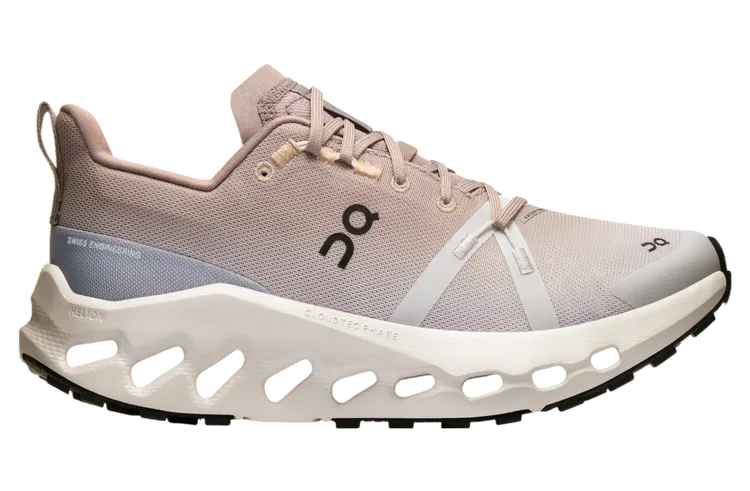 Side view on white background of Womens On Cloudsurfer Trail WP running shoe in Desert/Wolf, Medium (Regular) width