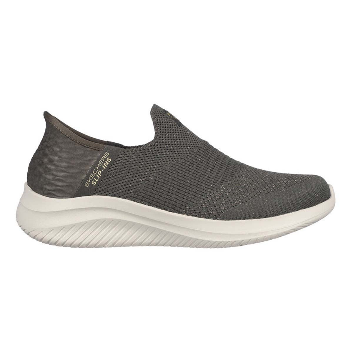 Side view on white background of Womens Skechers Ultra Flex 3.0 running shoe in Olive, Medium (Regular) width
