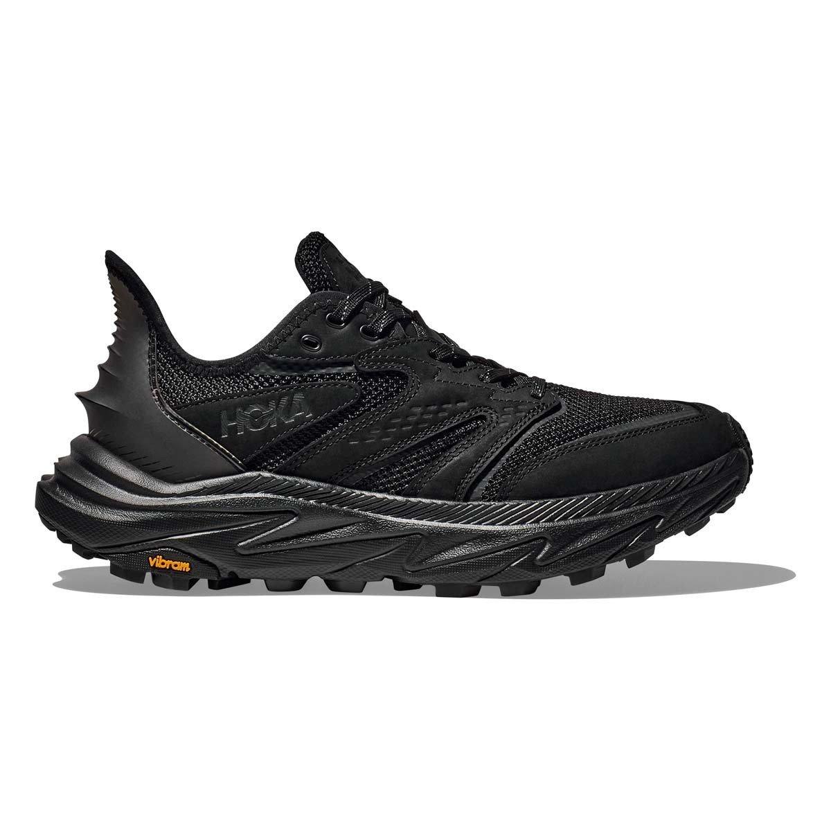 Side view on white background of Mens Hoka Anacapa 2 Freedom running shoe in Black/Black, Medium (Regular) width