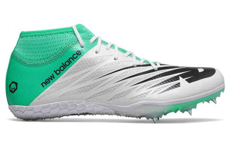 Side view on white background of Womens New Balance SD100 v2 running shoe in White/Neon Emerald, Medium (Regular) width