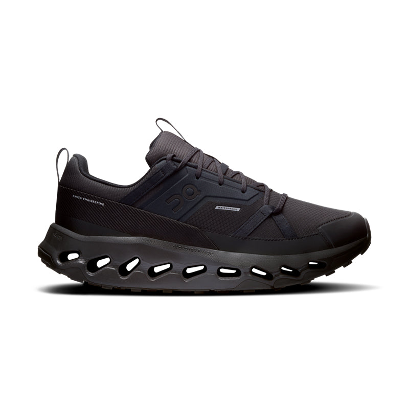 Side view on white background of Womens On Cloudhorizon Waterproof running shoe in Black/Black, Medium (Regular) width