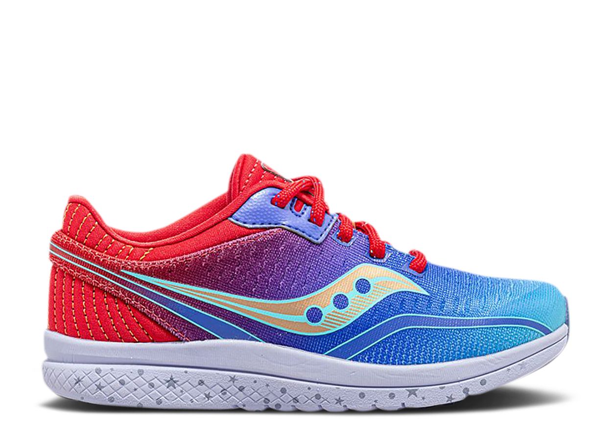 Side view on white background of Womens Saucony Kinvara 11 running shoe in Red/Teal, Medium (Regular) width