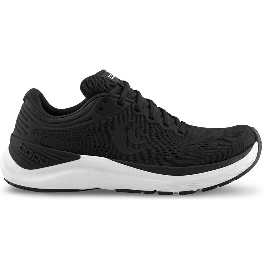 Side view on white background of Womens Topo Athletic Ultrafly 4 running shoe in Black/White, Medium (Regular) width
